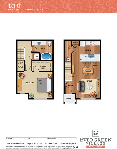1bed 1bath TH 843-865 Sqft